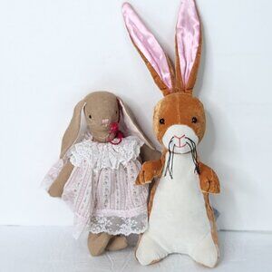 Lot Of 2 Bunny Brown Rabbit Easter Plush Yottoy Handmade Stuffed Red Bow Tie 8in